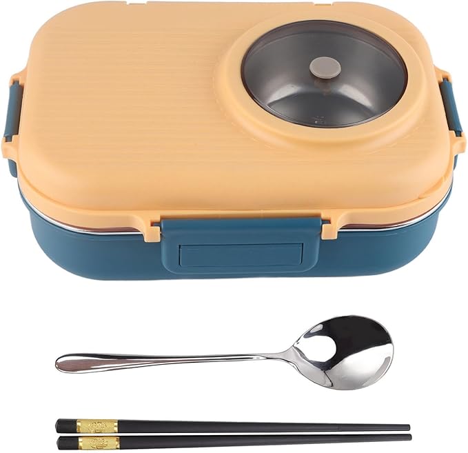 Tbest Thermal Lu Box For Hot Food Thermal Tazon,Lu Box Lu Box Thermal Lu Box 1100Ml Double Layer 3 Grid Design 304 Stainl Steel Box With Chopsticks Spoon Soup Bowl G (Blue Yellow)
