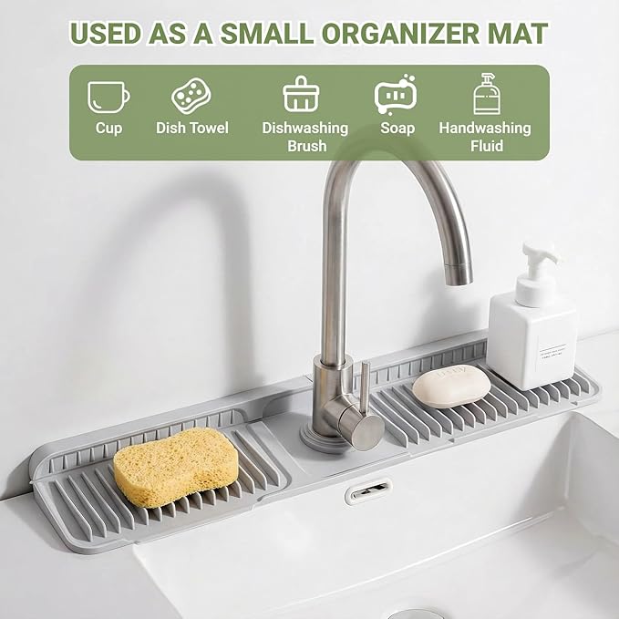 Faucet Mat for Kitchen Sink, 24 Inch Longer Silicone Sink Faucet Mat Splash Guard, 7° Slope Fast Self-draining, Bathroom Countertop Protectors to Catch Spills, Foldable & Snap Lock Fit (Gray)