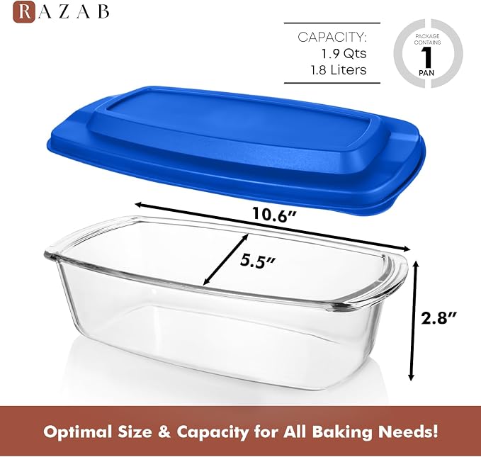 Razab LARGE 7.6 Cups/1800 ML/1.9 Qt Glass Loaf Pan with Lids - Meatloaf Pan BPA free Airtight Lids Grip Handle Easy Carry, Microwave and Oven Safe - Loaf Pans For Baking Bread, Cakes, Glass Loaf Pan