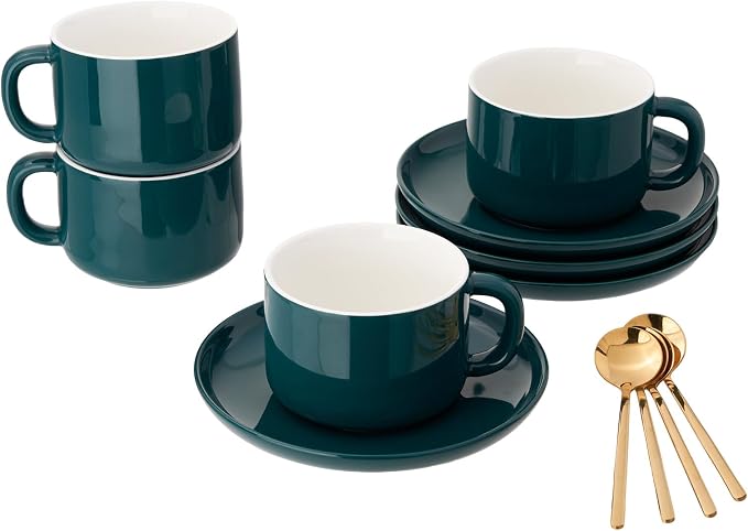8oz Cappuccino Cups Set of 4, Tea Cups with Saucers and Spoons, Green Ceramic Tea Cups Set Coffee Mugs for Tea Cappuccino Espresso Latte Mocha Au Lait Macchiato Cafe