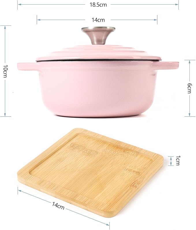 HAWOK Enameled Cast Iron Mini Dutch Oven, Dia5.51”, 23oz, with Bamboo Tray, Set of 2, Pink