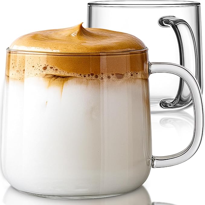 Aquach 20oz Glass Coffee Mugs Set of 2, Large Clear Borosilicate Tea Cups | Dishwasher/Microwave Safe, Single-walled, Smooth Rim, Handle Comfort, Large Capacity Fits Hot/Cold Brews