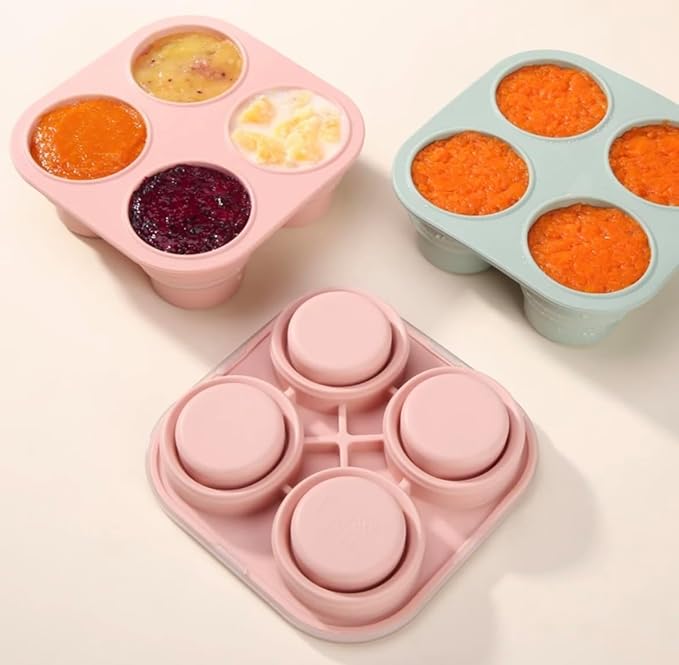 Silicone Freezer Tray with Lid - Stackable 2 oz Large Ice Cube Molds for Homemade Purees, Egg Bites, Broth Food Storage - Dishwasher Safe - 3 Pack