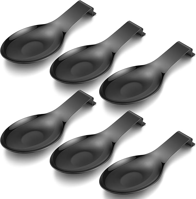 Nuanchu 6 Pcs Stainless Steel Spoon Rest Spatula Ladle Holder Spoon for Stove Top Heavy Duty Spatula Holder for Countertop Dishwasher Safe Utensil Rest for Kitchen, 3.8 x 9.6" (Black)