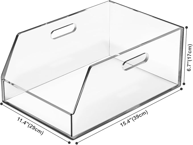 Gelite Stackable Storage Bins Open Front Clear Organizer Bins with Handles Acrylic Storage Container for Pantry Kitchen Cabinet Bathroom Closet Office Organization, 15.4x11.4x6.7''