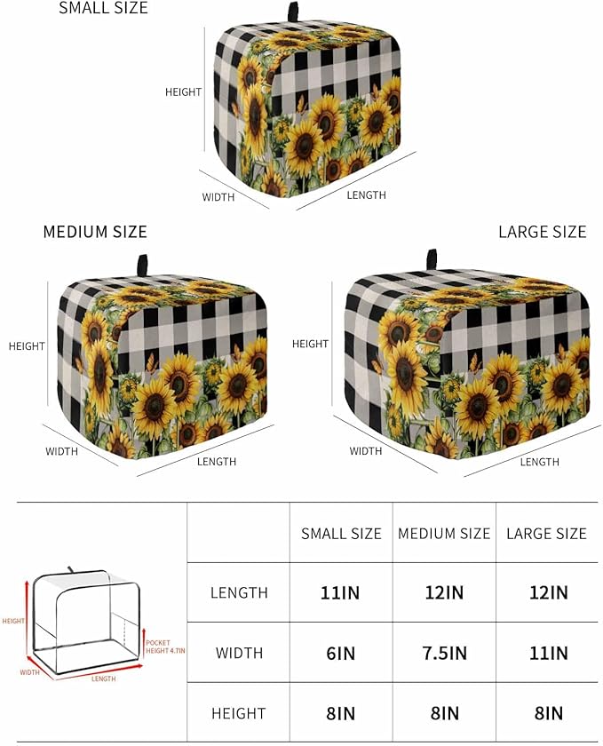 Sunflower Checkered Toaster Cover 2 Slice, Black Buffalo Plaid Dustproof Bakeware Oven Protector with Top Hook, Pastoral Flowers Waterproof Small Kitchen Appliance Toasters Dust Cover, 11"x6"x8"
