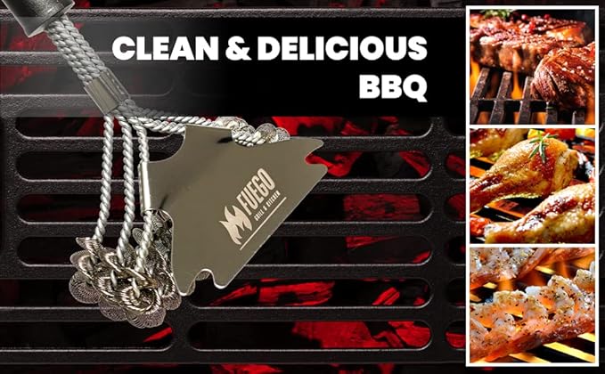 Fuego Grill Brush and Scraper Bristle Free - 17” Safe BBQ Brush for Gas/Charcoal/Weber Grills - Stainless Steel Triple Helix Grill Cleaner - Quality Grill Accessories for Dad
