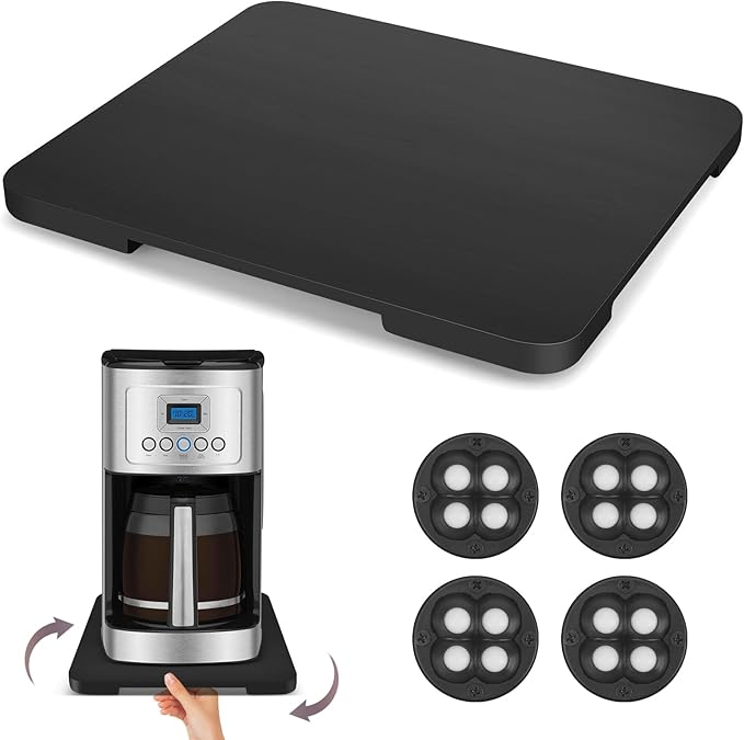 360° Rolling Tray Bamboo Appliance Slider for Kitchen Appliances,Coffee Maker Mat Tray for Countertops Sliding Tray for Coffee Maker Appliances Mat Easily from Under The Cabinet,Black 11.8"×9.8"
