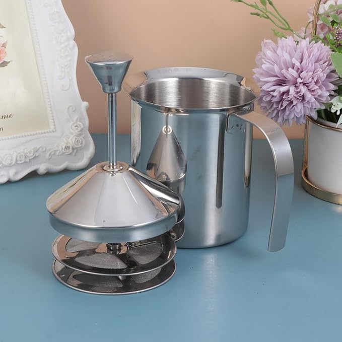Cabilock Manual Milk Frother: Milk Frothing Pitcher with Double Mesh Screen - Stainless Steel Handheld Foamer for Coffee Latte Matcha Cappuccinos (800ml)