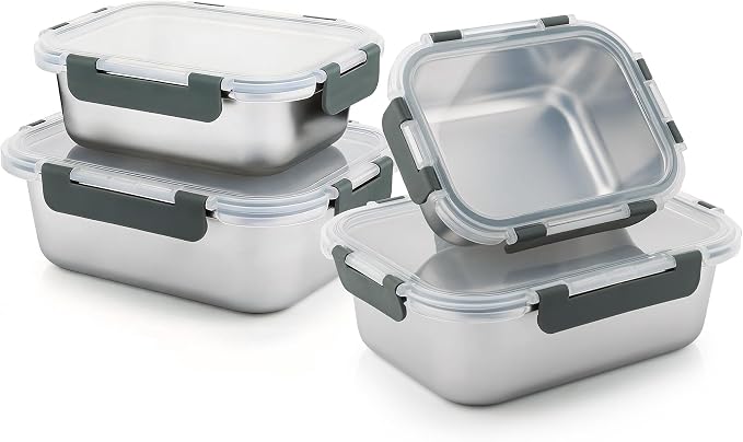 Cuiselect 4 PCS Stainless Steel Lunch Box- 4 Size Leakproof & Dishwasher Safe, Stackable Stainless Steel Food Containers, Metal Bento Box for Work,Travel (58/41 /24/ 14Oz)