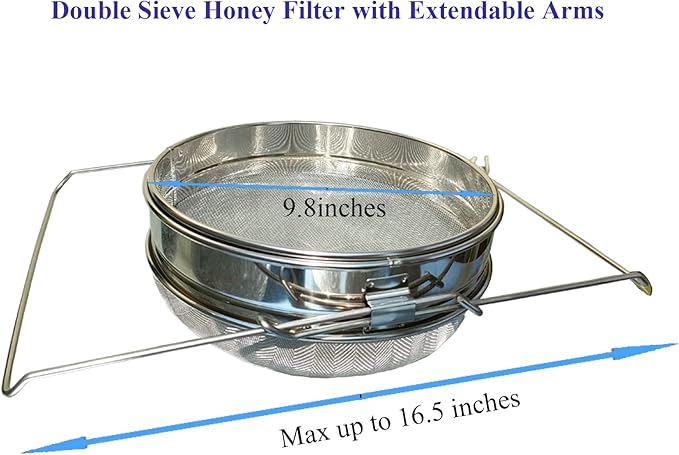 Stainless Steel Honey Strainer for 5 Gallon Bucket – Double Sieve Honey Filter with 650 & 1875 Micron Mesh – Extendable Arms Up to 16.5" – Beekeeping Honey Harvesting Equipment and Food Strainer