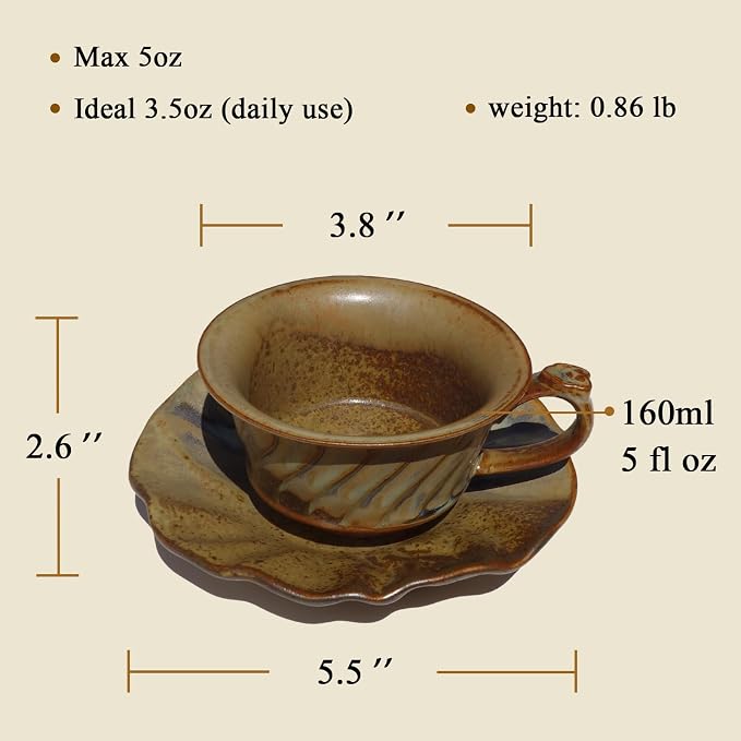 Vintage Ceramic Coffee Cup with Saucer, Farmhouse Stoneware Espresso Cup, Rustic Teacup, Microwave & Dishwasher Safe,Unique Gifts Men and Women (Brown, 5oz)