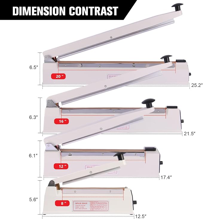 8 Inch Commercial Impulse Bag Heat Sealer Machine | Compact portable heavy duty manual heat sealer with 3mm strip. Solid aluminum build for PE/PP, coffee & snack food bags.