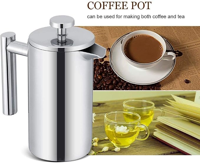 TOPINCN French Press Coffee Maker, Stainless Steel, Double Wall Insulation, Mirror Finish, 350ml, with Filter, for Coffee and Tea