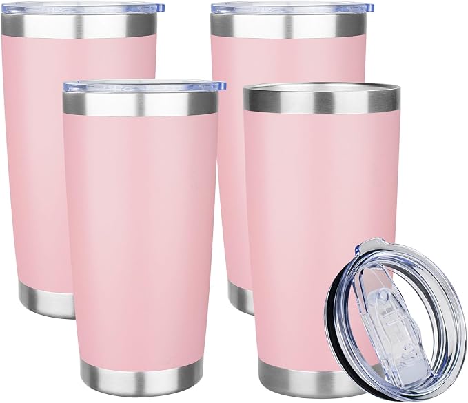 20oz Tumbler with Lid Stainless Steel Insulated Tumblers Travel Coffee Tumbler Bulk Double Wall Vacuum Insulated Water Cup Gifts for Christmas Women Men Her Him Home Office(Pink, 4pack)