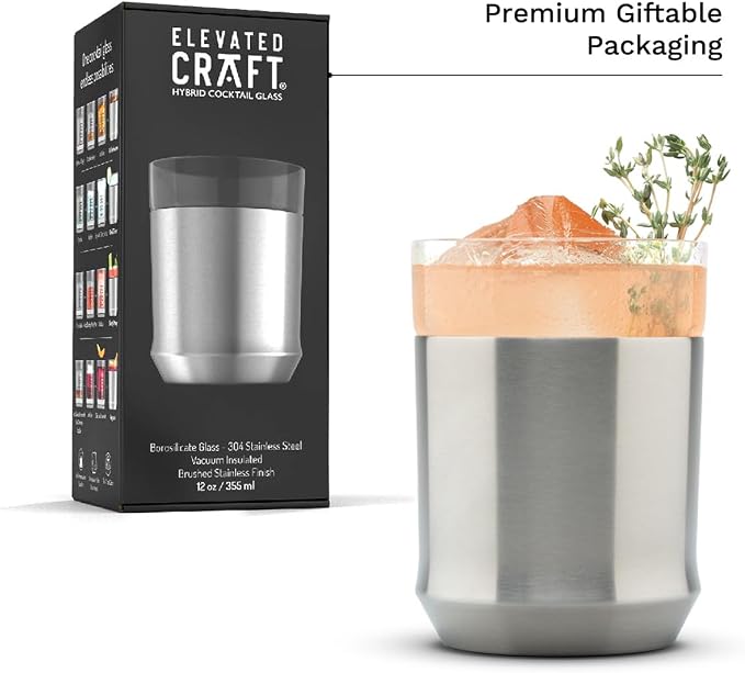 Elevated Craft Hybrid Rocks Glass Premium Vacuum Insulated Steel Base with Removable Insert - 12oz Cocktail Glass, Double Old Fashioned Lowball for Margaritas, Bourbon, Whiskey - Steel