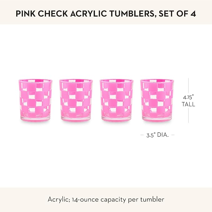 MACKENZIE-CHILDS Set of 4 Acrylic Tumblers, Open Tumbler Cups, Acrylic Cups, 14 Ounces, Pink Check