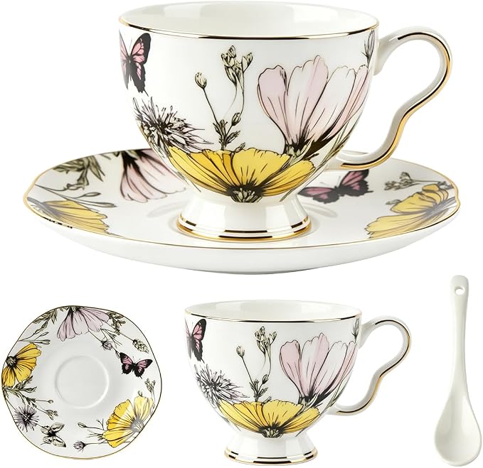 Tea Cup and Saucer Set, Floral with Gold Trim, 6.76 oz | Includes Spoon, British Style, Coffee & Latte Use, Party & Wedding Gifts, Christmas & Birthday Gifts