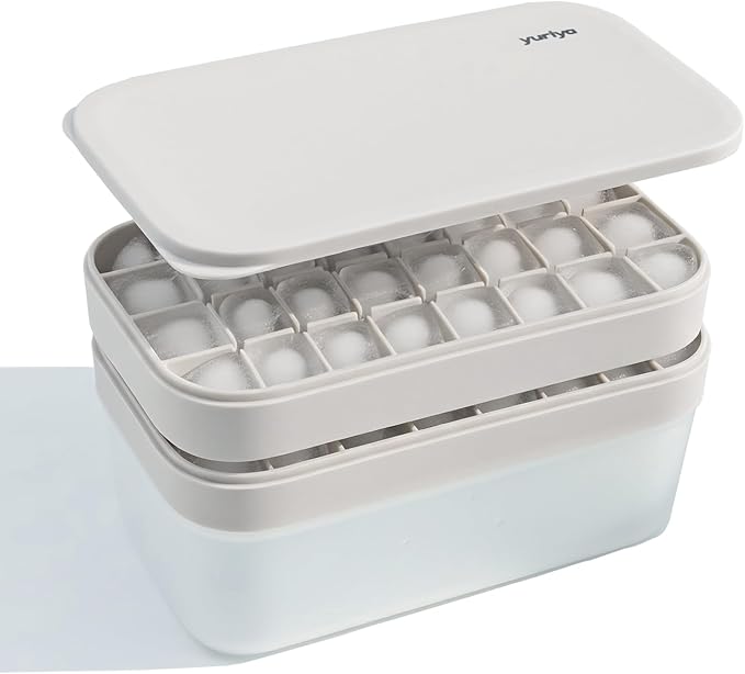 Ice Cube Tray Set with Lid & Bin, 2 Silicone Trays (32-Cube Each, 64 Total), Easy-Release, Stackable, Leak-Proof, Dishwasher Safe, Sand Beige