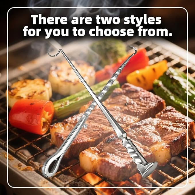 Stainless Steel Meat Hook Flipper, Steak Flipper Hook, Pig Tail Meat Flippers, BBQ Food Flippers, Steak Turner Hook, Meat Turner Hooks,Turning Vegetables and Meats (Right Hand A Stainless Steel)