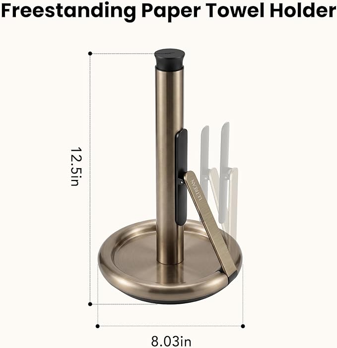 Ultrean Paper Towel Holder with Spray Bottle, Countertop Freestanding Paper Towel Dispenser with Spring-Loaded Tension Arm for One-Handed Tear, Weighted Non-Slip Base, Stainless Steel for Kitchen,Gold