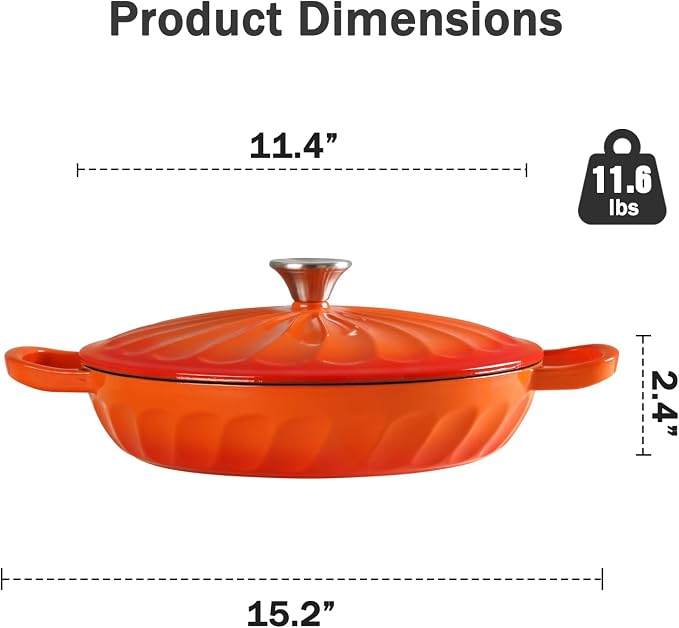 Enameled Cast Iron Dutch Oven, 3.8 Quart Dutch Oven Pot with Lid, Shallow Cast Iron Braiser with Handles, Oven Safe up to 500°F (Orange)