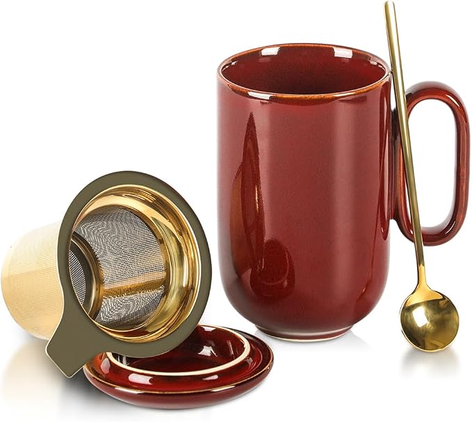 vicrays Ceramic Tea Mug Infuser - Large Cup 16 oz Hot Loose Steeping Handle Teacup with Leaf Infuser Spoon Lid - Tall Glazed Strainer Coffee Mug Microwave Safe - Cherry Red