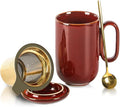 vicrays Ceramic Tea Mug Infuser - Large Cup 16 oz Hot Loose Steeping Handle Teacup with Leaf Infuser Spoon Lid - Tall Glazed Strainer Coffee Mug Microwave Safe - Cherry Red