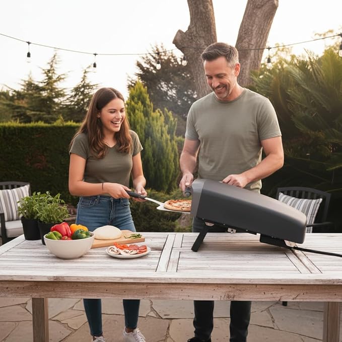 Nutrichef Outdoor Pizza Oven - Manual 360° Rotating Pizza Stone - Adjustable Heat - Includes Pizza Peel, Pizza Cutter, Stone, Cover, & Hose - Cook 12" Pizza in 60 Seconds - Long Handle