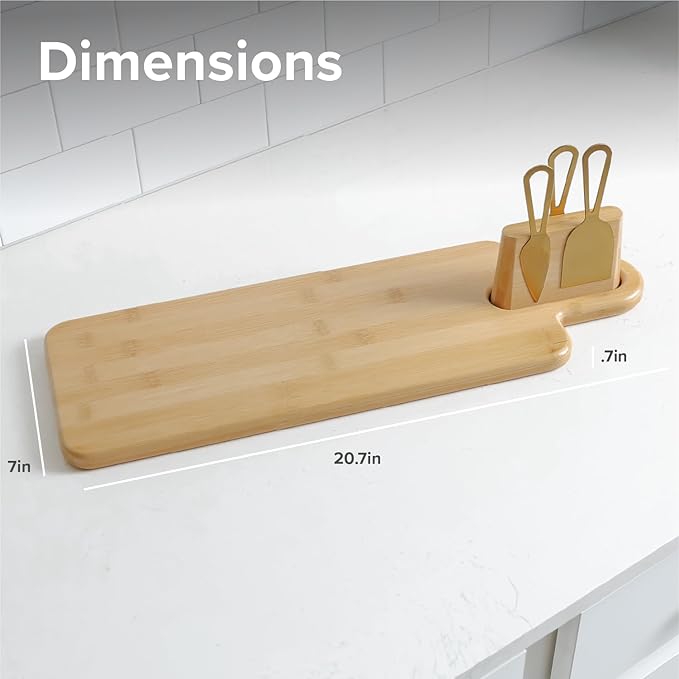 Premium Charcuterie Board Set – Kitchen Edge Long Bamboo Cheese Serving Board with Handle & Magnetic Utensil Block, 21in x 7in, Includes 3 Gold Cheese Utensils, Perfect for Entertaining & Gifting