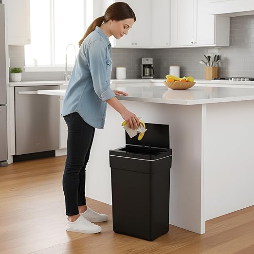 PayLessHere 13 Gallon 50 L Trash Can with Lid Plastic Kitchen Trash Bin Automatic Touch Free Motion Sensor Trash Can (2, Black)