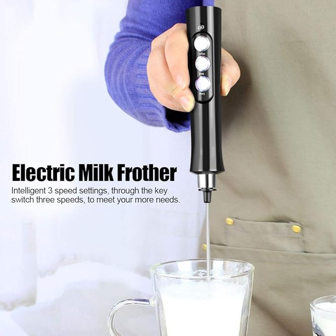 Electric Milk Frother, Handheld Automatic Egg Beater, USB Rechargeable Milk Shaker with 3 Speed Settings, 1200mAh Battery, Includes 3 Mixing Heads for Coffee, Milk, Cocktails, Smoo