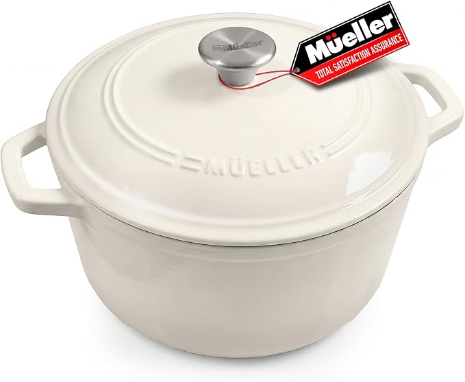 Mueller 6qt Enameled Cast Iron Dutch Oven, Heavy-Duty Casserole and Braiser Pan with Lid and Knob, Oven-Safe up to 500° F & Across All Cooktops, White