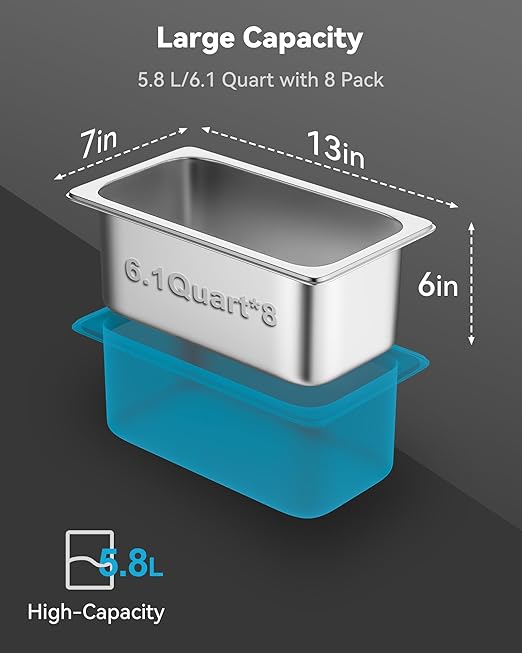 ZeroPone 8 Pack Hotel Pans with Lids, 1/3 Size 6" Deep Stainless Steel Steam Table Pan 22 Gauge Anti Jam Commercial Food Pans for Hotel, Party, Buffet, Catering Supplies
