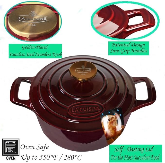 La Cuisine Enameled Cast Iron Dutch Oven Casserole Pot with Lid 6.5 QT 11" /28cm Dia. Internal Matt Black Enamel Coating Gold-Plated SS Lid Handle Oven Safe up to 500° F for bread baking, Cranberry