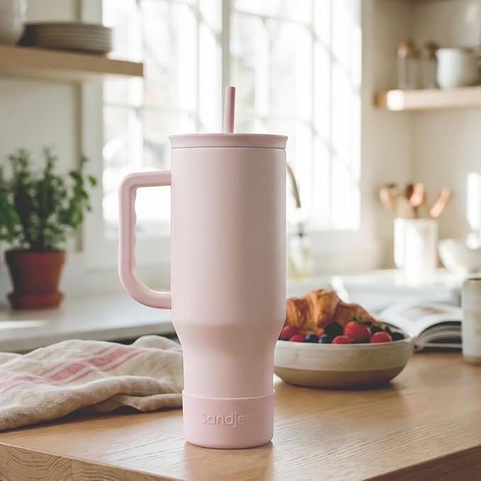 SANDJEST Pale Pink 40oz Tumbler with Handle and Straw, Insulated Stainless Steel Travel Coffee Mug for Women Girls, Gift Idea for Birthday Christmas Mothers Day