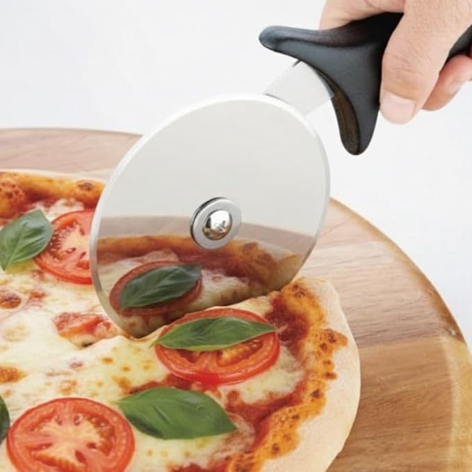 Soro Essentials- 2.5" Stainless Steel Pizza Cutter Wheel with Plastic Handle Black Color- Pizza Wheel Slicer Built in Finger Guard for Safety Pizza Wheel Sharp Blade for Cutting Through Crusts Pies