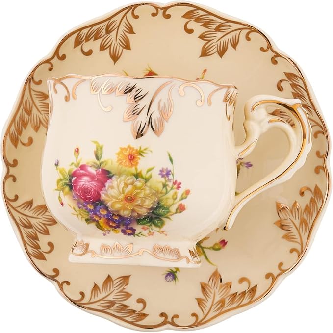 Tea Cups and Saucers Set of 4, 8 Oz Ivory Floral Porcelain Teacup and Saucer Set with Gold Trim, Vintage Tea Cups with Spoon, European Style (Colorful Floral)
