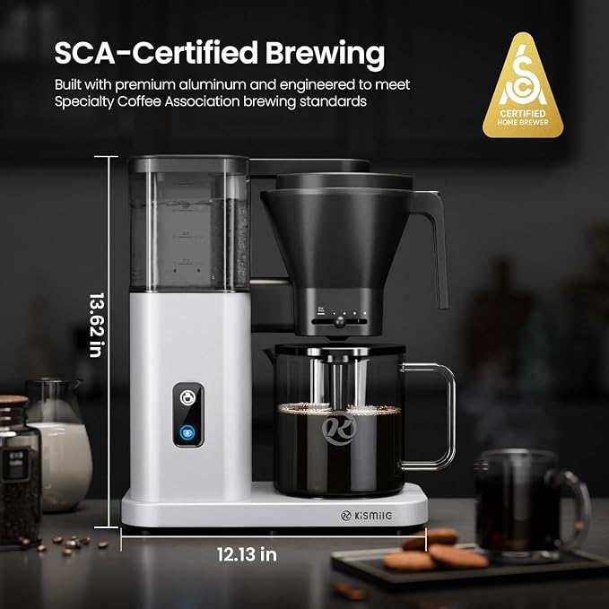 Kismile SCA-Certified 8 Cup Drip Coffee Maker, Pour Over Coffee Machine with 3s Instant Heat 197–205℉, Adjustable Flow Control, Removable Water Tank, Deep Cold Brew & 40 Min Keep Warm (Pearl White)