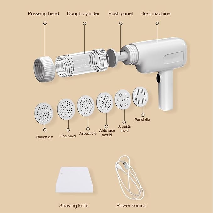 Automatic Pasta Maker Machine, Household Electric Noodle Press, Handheld Electric Noodle Maker 6in 1 Cordless Portable Spaghetti Noodles Maker with Dough Cutter