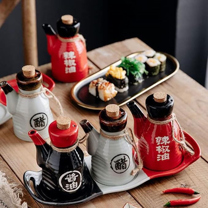 Luxshiny Japanese Style Ceramic Soy Sauce Vinegar Bottle 4.92X2.75X2.75 Inch Reusable Kitchen Dispenser for Cooking and Dining Seasoning