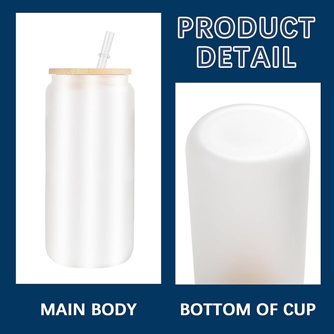 8 Pack Sublimation Blanks Glass Cups Bulk,16 OZ Frosted Drinks Glass Cups with Bamboo Lids and Straws,DIY Gifts Custom Tumbler