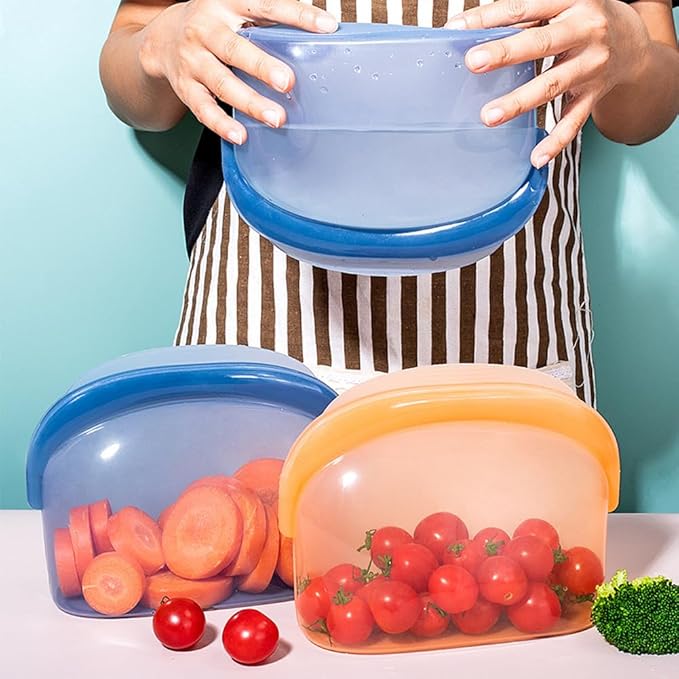 8 Pcs Reusable Silicone sealed Food Storage Bags, Multi-Role Food Storage Bags, Leak Proof, Freezer Safe, Microwave Safe, Dishwasher Safe, Eco-friendly