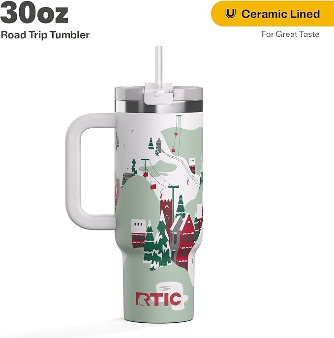 RTIC 30 oz Road Trip Tumbler Double-Walled Ceramic Lined InsulatedStainless Steel Portable Travel Coffee Mug Cup with Lid, Handle and Straw, Apres Ski