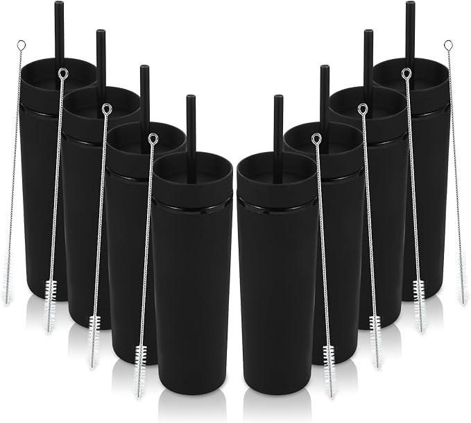 Volhoply 16oz Plastic Skinny Tumbler with Lid and Straw Bulk 8 Pack,Insulated Double Wall BPA Free Matte Acrylic Tumblers,Iced Coffee Travel Mug Reusable Party Cup,Customizable Diy Gifts(Black,8 Set)
