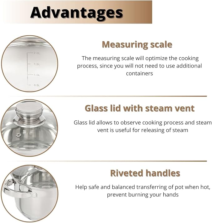 Daniks Standard 2 Quart Stainless Steel Stock Pot with Glass Lid, Tri-Ply Bottom for Even Heating, Induction Compatible, Dishwasher Safe, Built-In Measuring Scale, Silver