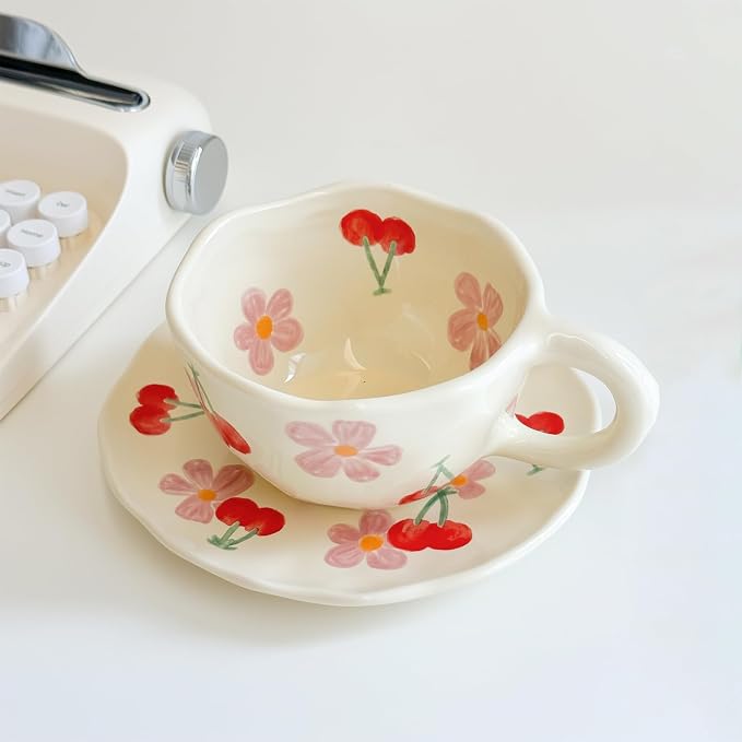 Noviko Cute Mug Flower Teacup and Saucers Set for Mom 8 oz