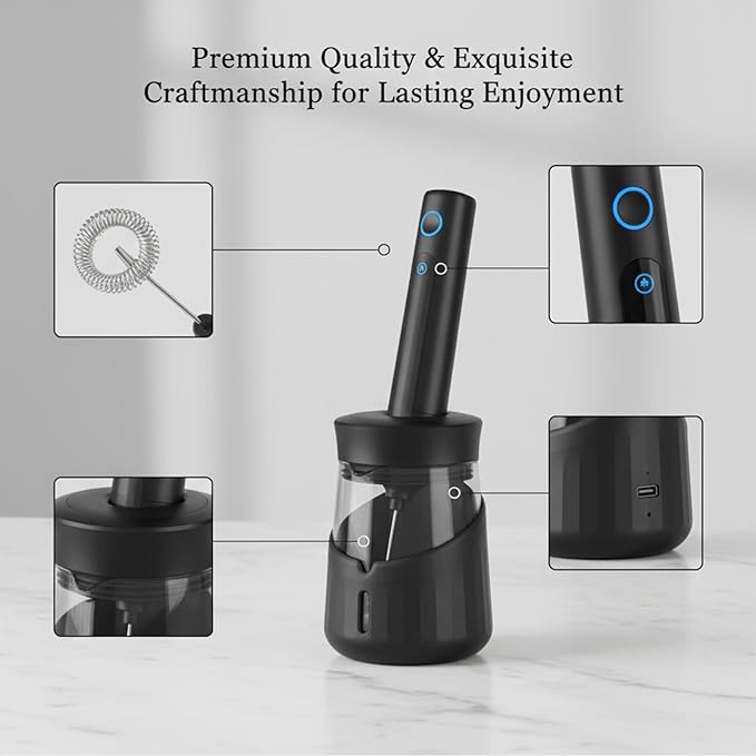 Black Handheld Milk Frother Wand for Coffee, Rechargeable Electric Whisk, Mini Milk Foamer for Latte, Cappuccino, Coffee, Hot Chocolate, Matcha