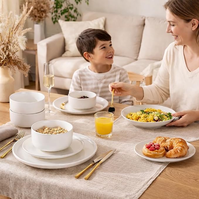 LERATIO Stoneware Dinnerware Sets for 6,Handcarft Ceramic Plates and Bowls Sets,Chip and Scratch Resistant Dishes, Dishwasher & Microwave Safe, Oven safe,Reactive Glaze-White