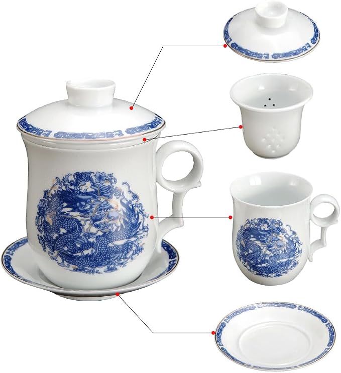 GOLDY&WENDY Chinese Ceramic Tea Mug with Strainer Infuser and Lid and Saucer Anti-scalding Handle Design Personal Tea Cup for Home Office